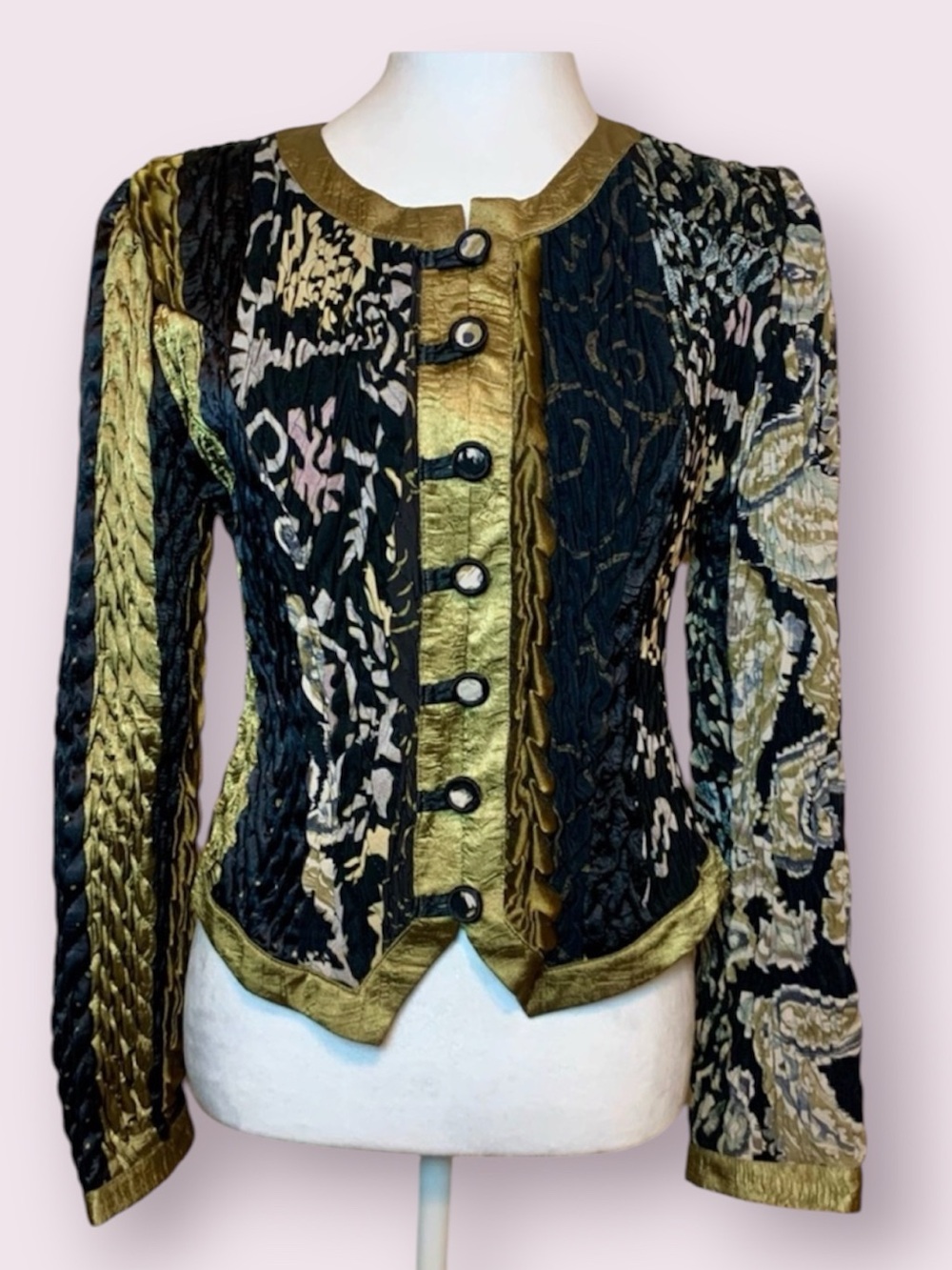 Vintage 1980’s Jeanne Marc Quilted Metallic Crop Jacket Black Gold Size Small